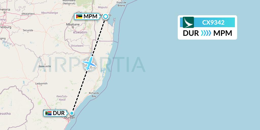 CX9342 Cathay Pacific Flight Map: Durban to Maputo