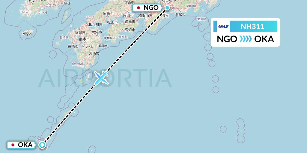 NH311 All Nippon Airways Flight Map: Nagoya to Naha