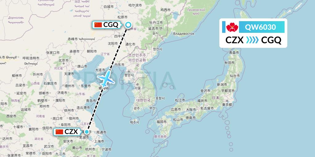 QW6030 Qingdao Airlines Flight Map: Changzhou to Changchun
