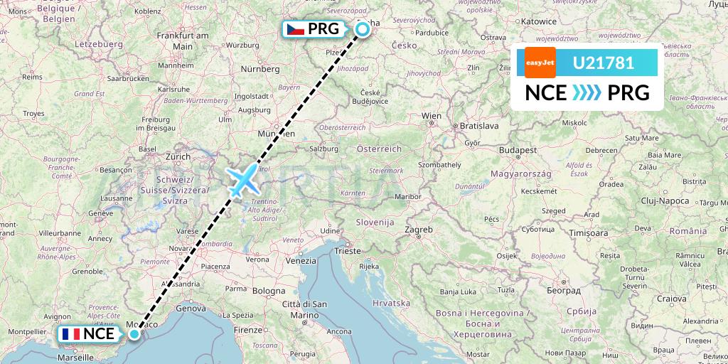 U21781 EasyJet Flight Map: Nice to Prague