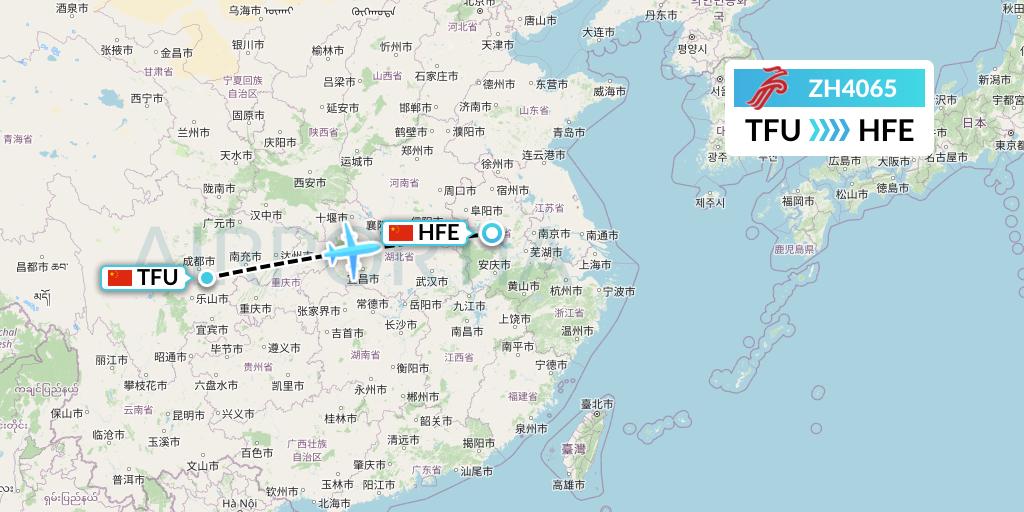 ZH4065 Shenzhen Airlines Flight Map: Chengdu to Hefei