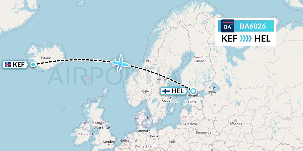 BA6026 British Airways Flight Map: Reykjavik to Helsinki