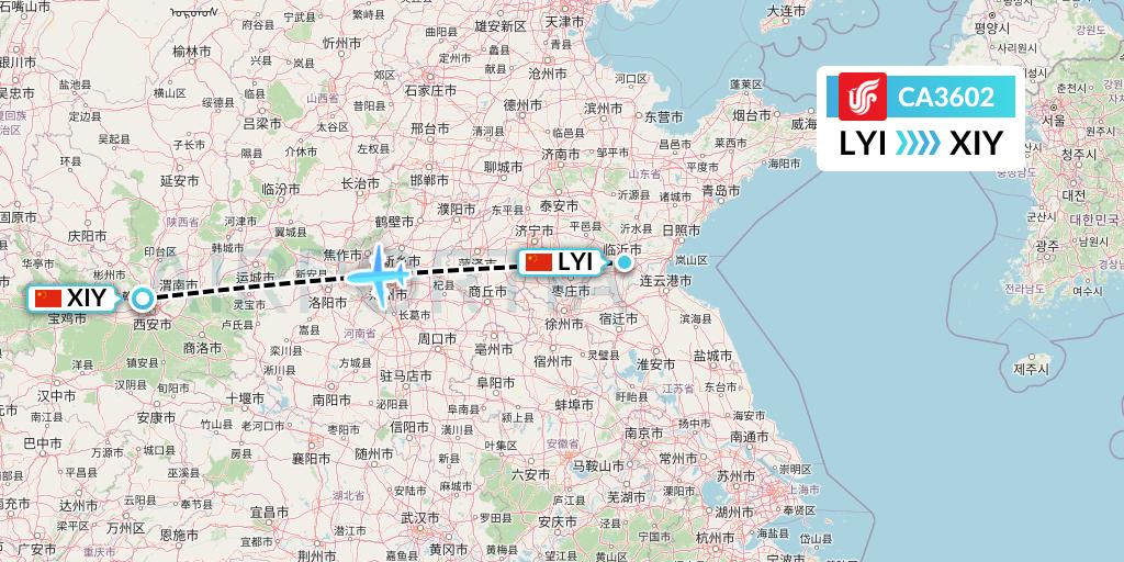 CA3602 Air China Flight Map: Linyi to Xi'an