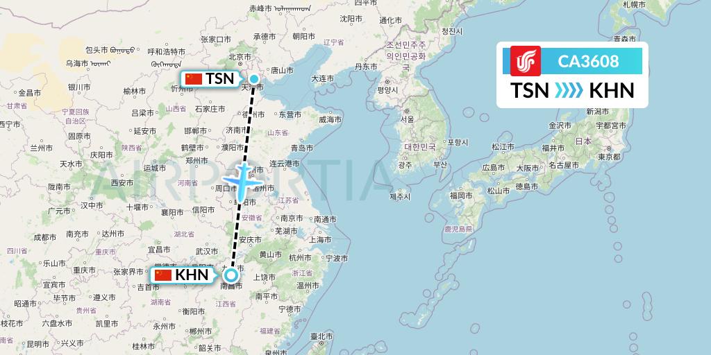 CA3608 Air China Flight Map: Tianjin to Nanchang