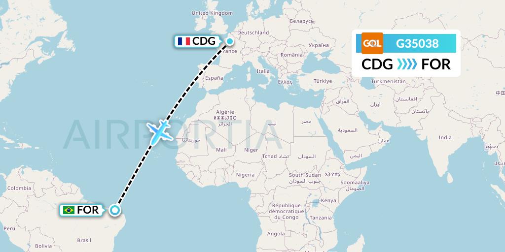 G35038 GOL Transportes Aeros Flight Map: Paris to Fortaleza