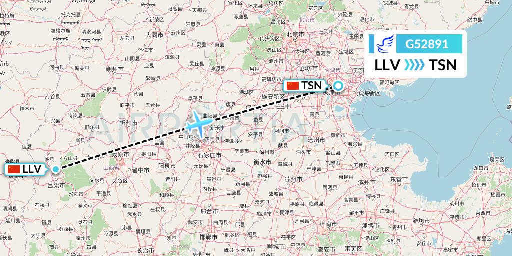G52891 China Express Airlines Flight Map: Kunming to Tianjin
