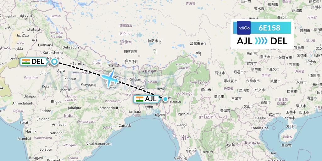 6E158 IndiGo Airlines Flight Map: Aizawl to Delhi