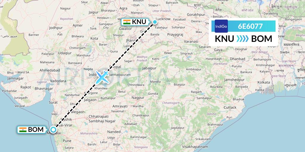 6E6077 IndiGo Airlines Flight Map: India to Mumbai