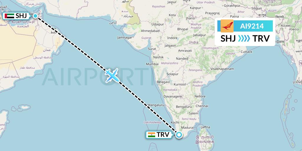 AI9214 Air India Flight Map: Sharjah to Thiruvananthapuram