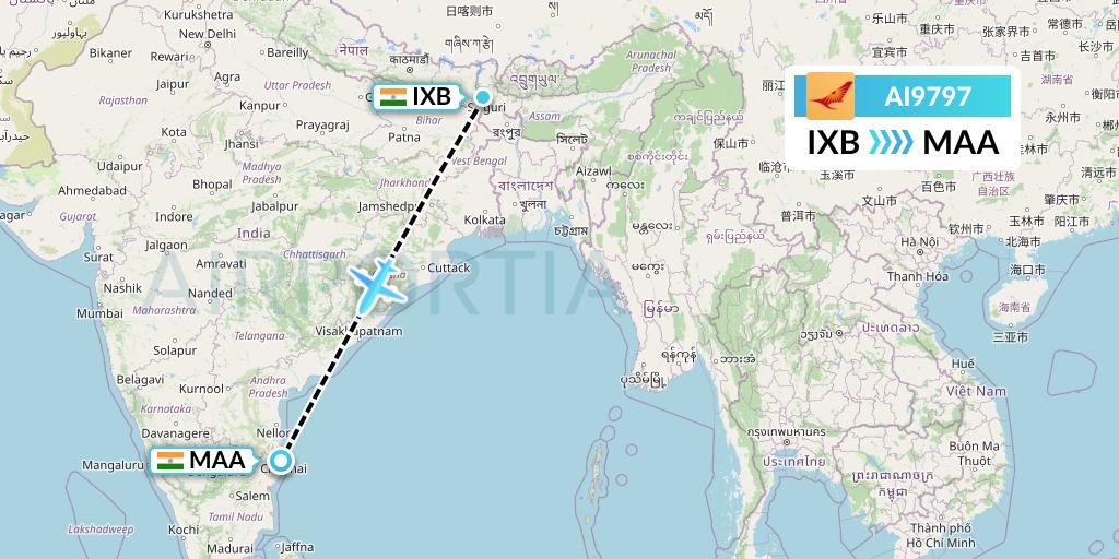 AI9797 Air India Flight Map: Siliguri to Chennai