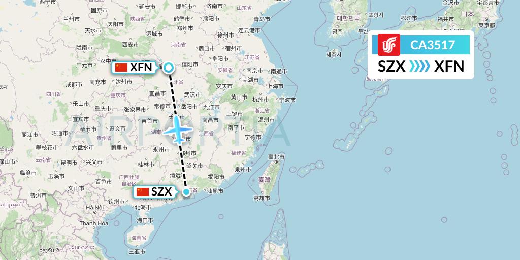 CA3517 Air China Flight Map: Shenzhen to Xiangyang