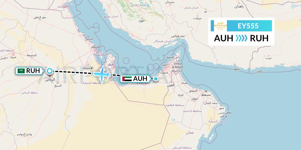 EY555 Etihad Airways Flight Map: Abu Dhabi to Riyadh