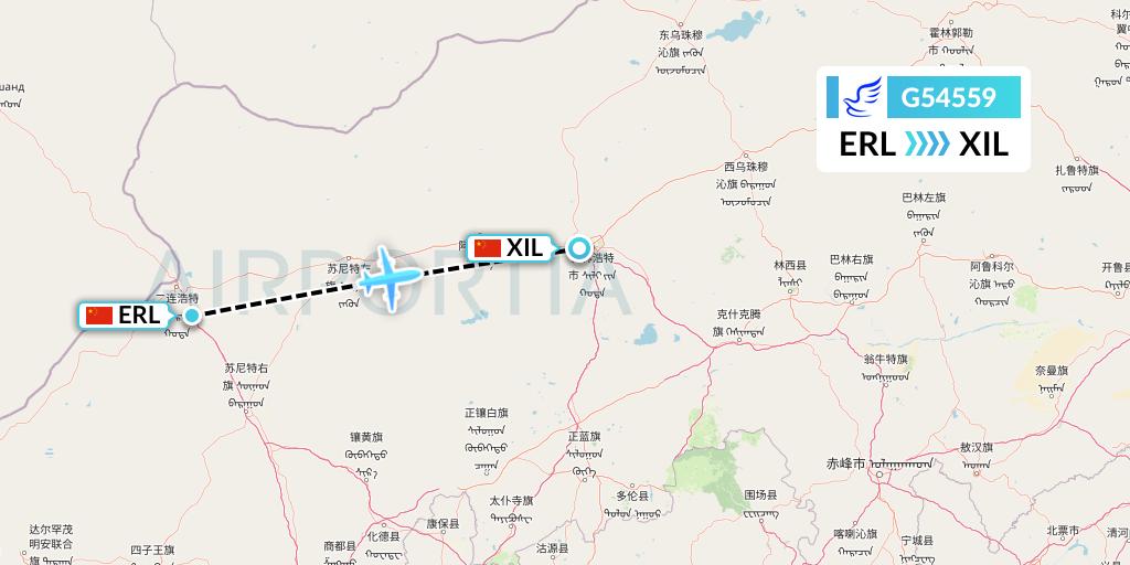 G54559 China Express Airlines Flight Map: Erenhot to Xilinhot
