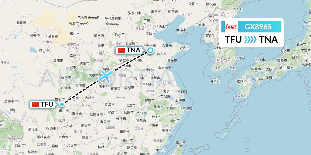GX8965 GX Airlines Flight Map: Chengdu to Jinan