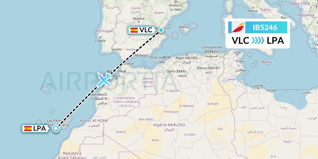 IB5246 Iberia Flight Map: Valencia to Las Palmas