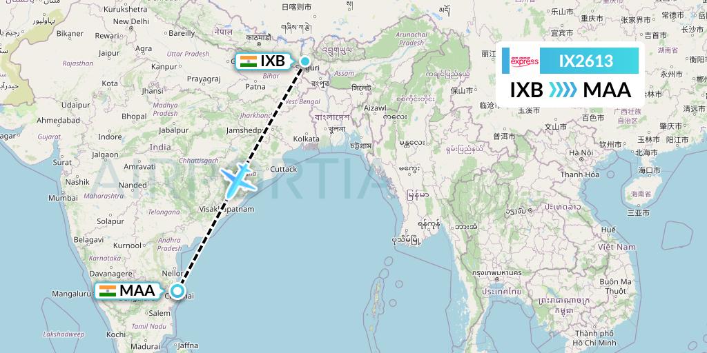 IX2613 Air India Express Flight Map: Siliguri to Chennai