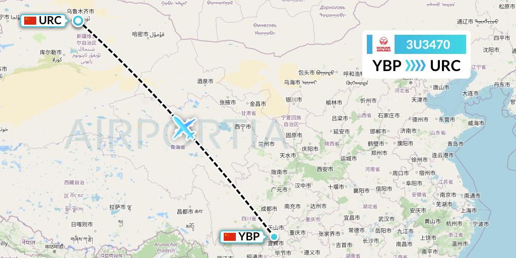 3U3470 Sichuan Airlines Flight Map: Yibin to Urumqi