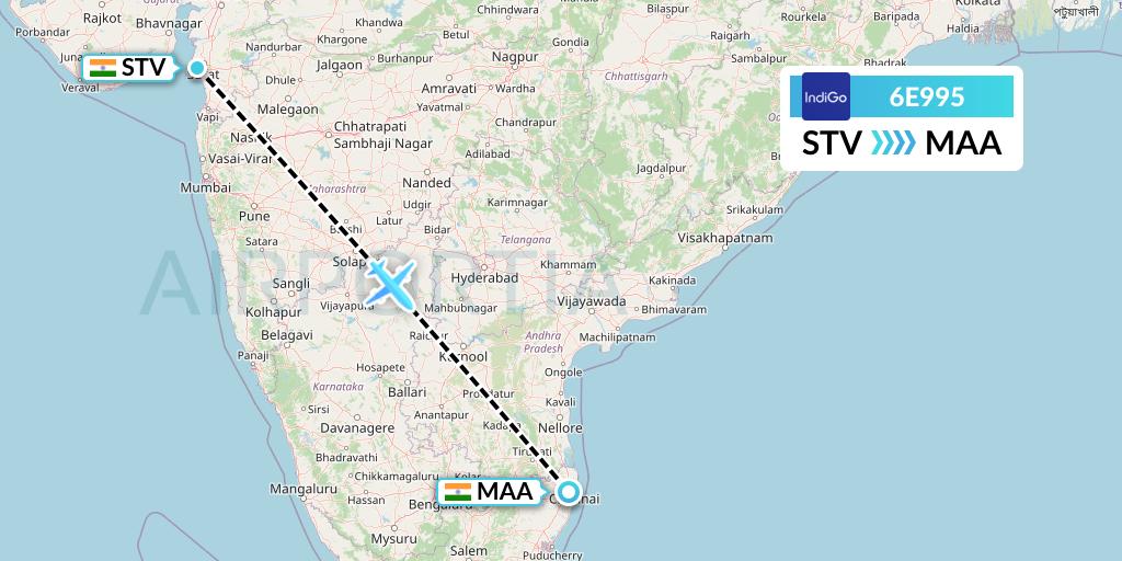 6E995 IndiGo Airlines Flight Map: Surat to Chennai