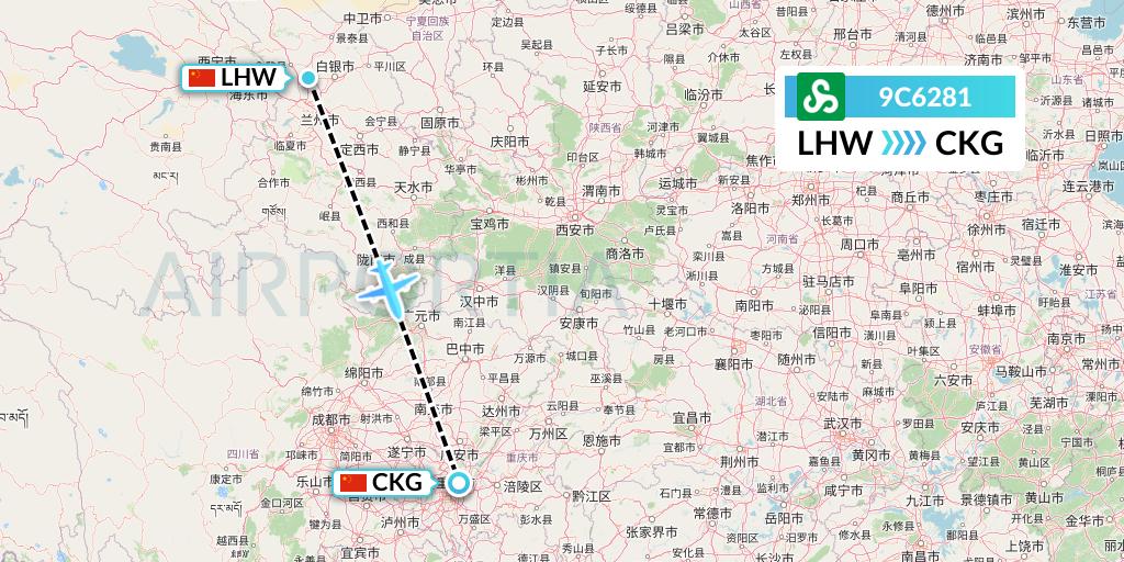 9C6281 Spring Airlines Flight Map: Lanzhou to Chongqing
