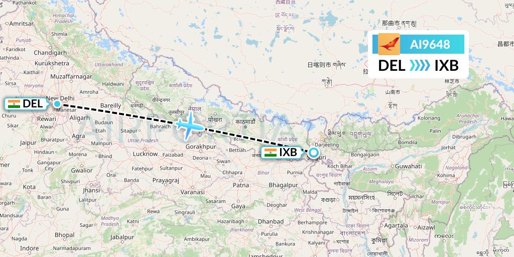 AI9648 Air India Flight Map: Delhi to Siliguri