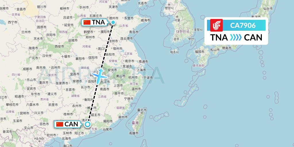 CA7906 Air China Flight Map: Jinan to Guangzhou