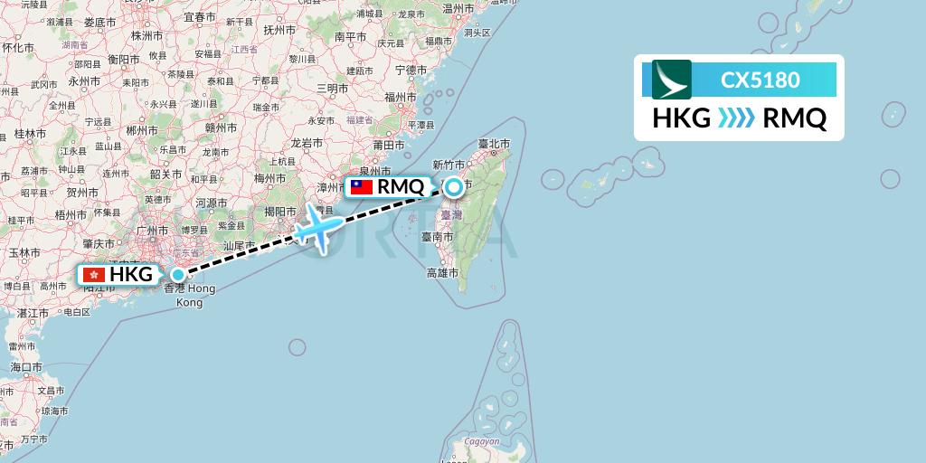 CX5180 Cathay Pacific Flight Map: Hong Kong to Taichung