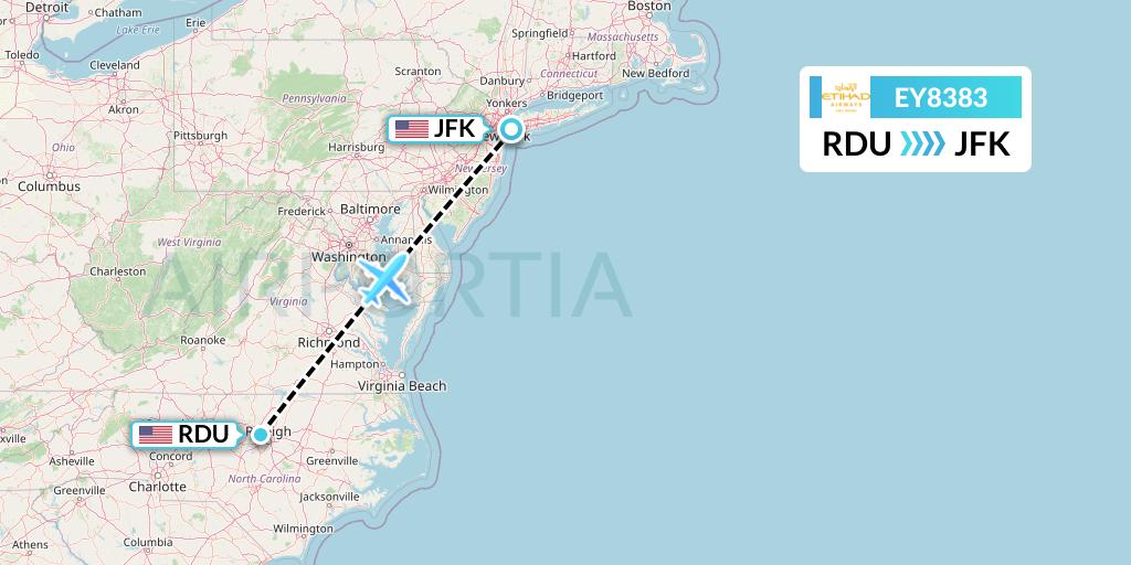EY8383 Etihad Airways Flight Map: Raleigh-Durham to New York
