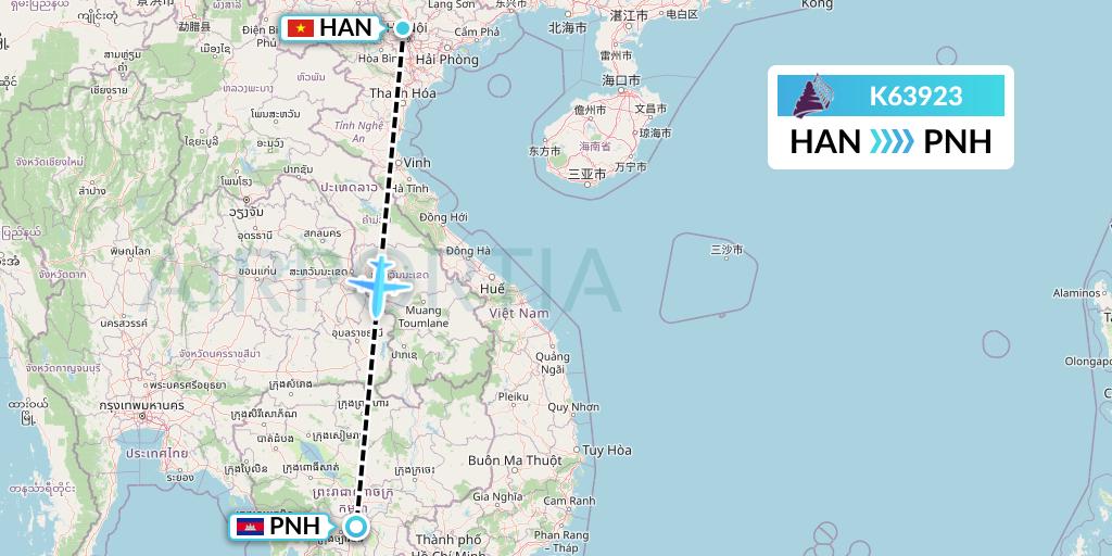 K63923 Cambodia Angkor Air Flight Map: Hanoi to Phnom Penh