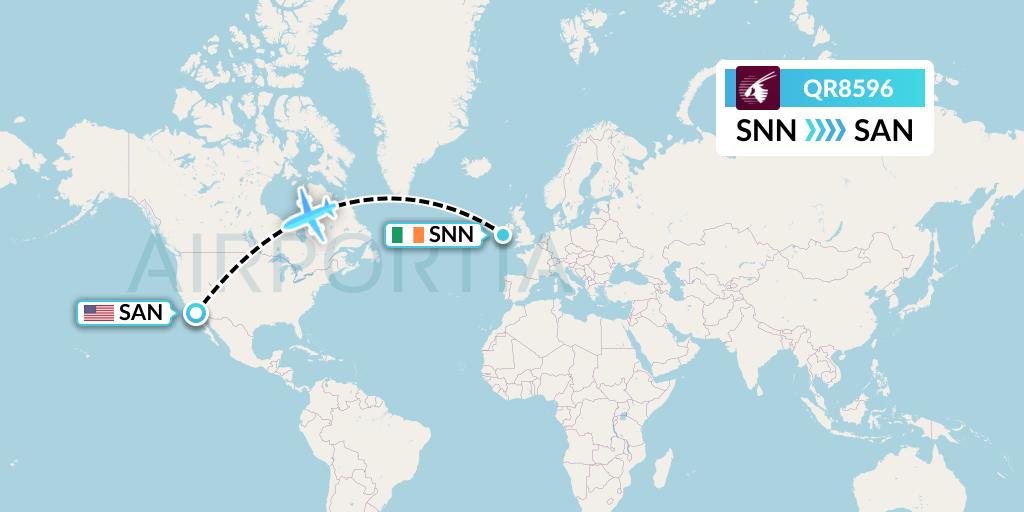QR8596 Qatar Airways Flight Map: Shannon to San Diego
