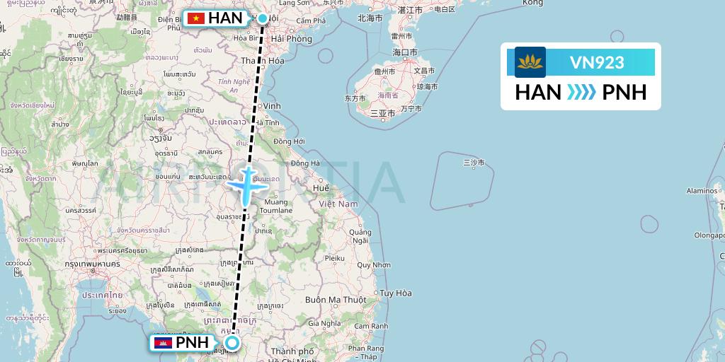 VN923 Vietnam Airlines Flight Map: Hanoi to Phnom Penh