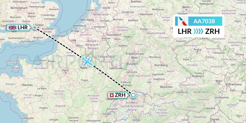 AA7038 American Airlines Flight Map: London to Zurich