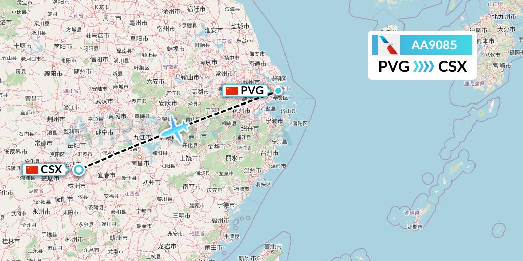 AA9085 American Airlines Flight Map: Shanghai to Changsha