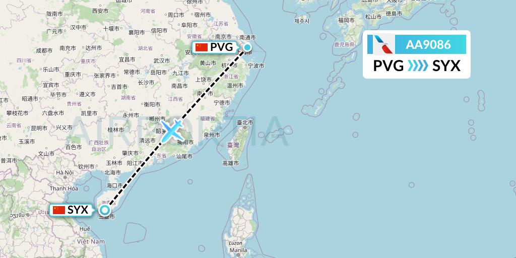 AA9086 American Airlines Flight Map: Shanghai to Sanya