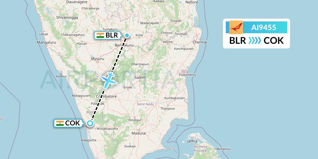 AI9455 Air India Flight Map: Bangalore to Cochin