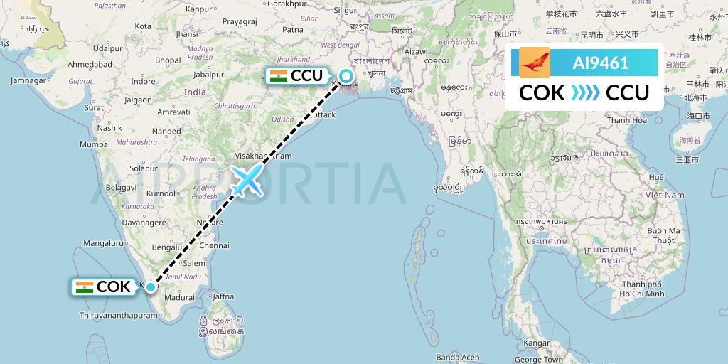 AI9461 Air India Flight Map: Cochin to Kolkata