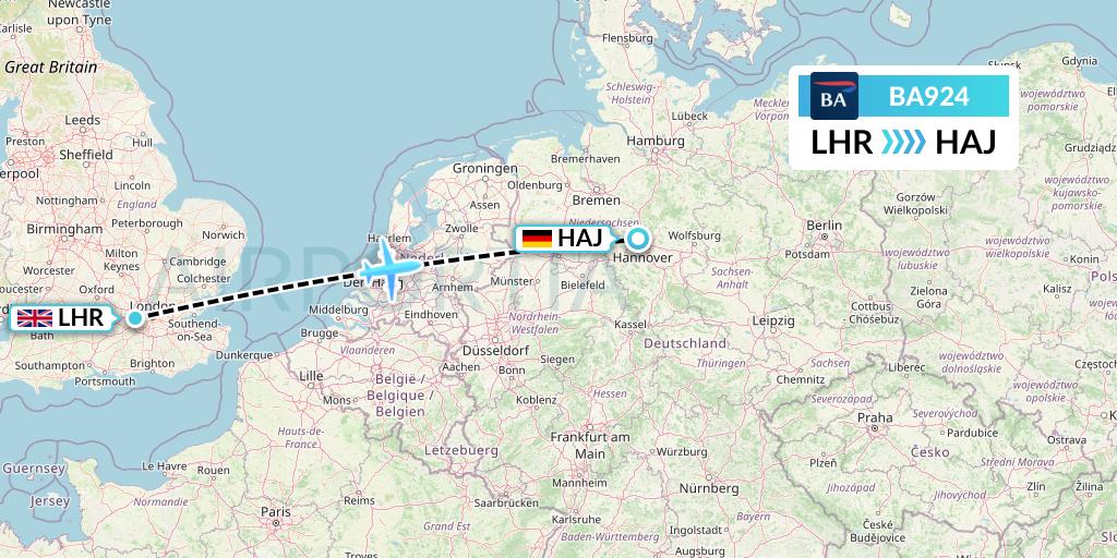 BA924 British Airways Flight Map: London to Hannover