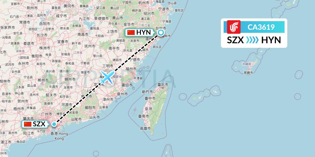 CA3619 Air China Flight Map: Shenzhen to Huangyan