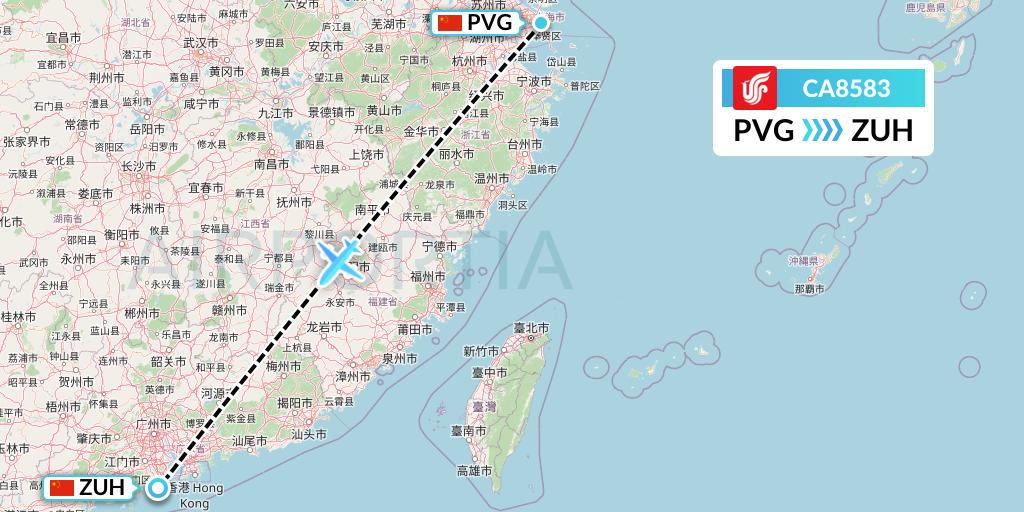 CA8583 Air China Flight Map: Shanghai to Zhuhai