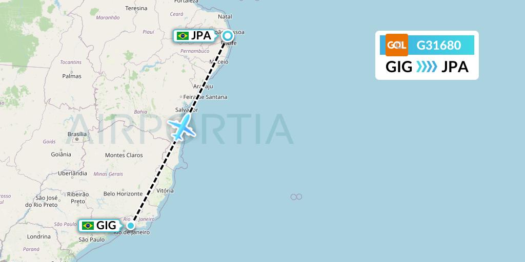 G31680 GOL Transportes Aeros Flight Map: Rio de Janeiro to Joao Pessoa