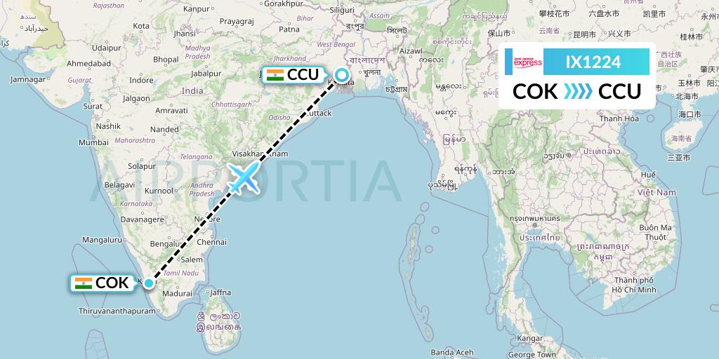 IX1224 Air India Express Flight Map: Cochin to Kolkata