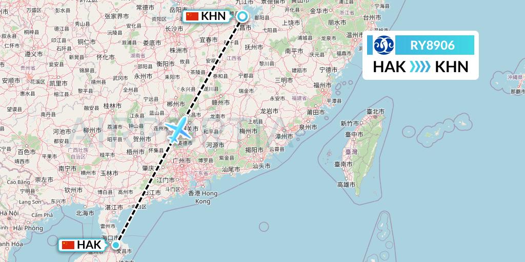 RY8906 Jiangxi Air Flight Map: Haikou to Nanchang