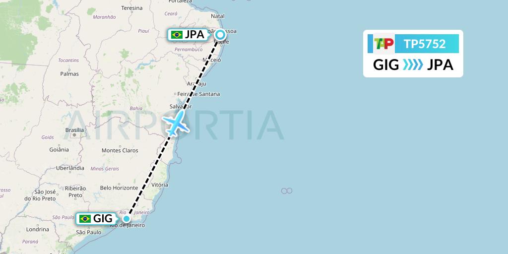 TP5752 TAP Portugal Flight Map: Rio de Janeiro to Joao Pessoa