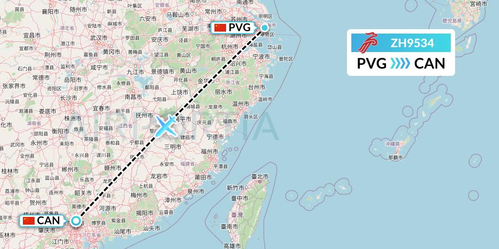 ZH9534 Shenzhen Airlines Flight Map: Shanghai to Guangzhou