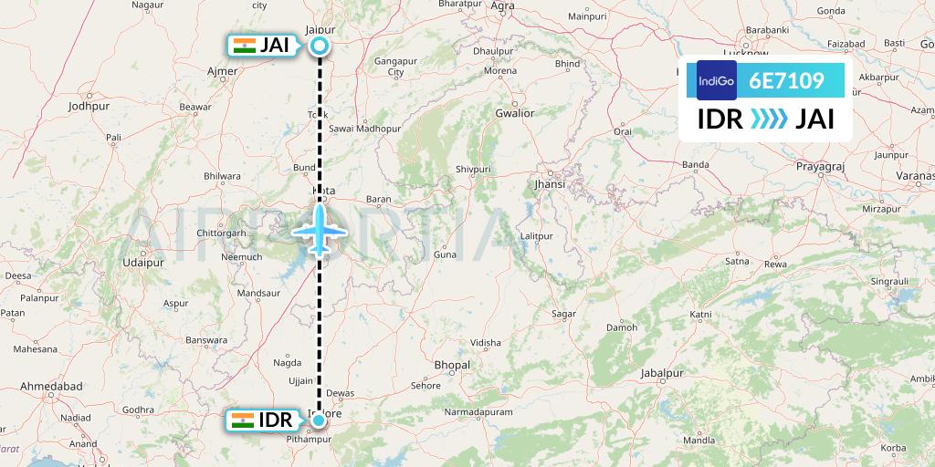 6E7109 IndiGo Airlines Flight Map: Indore to Jaipur