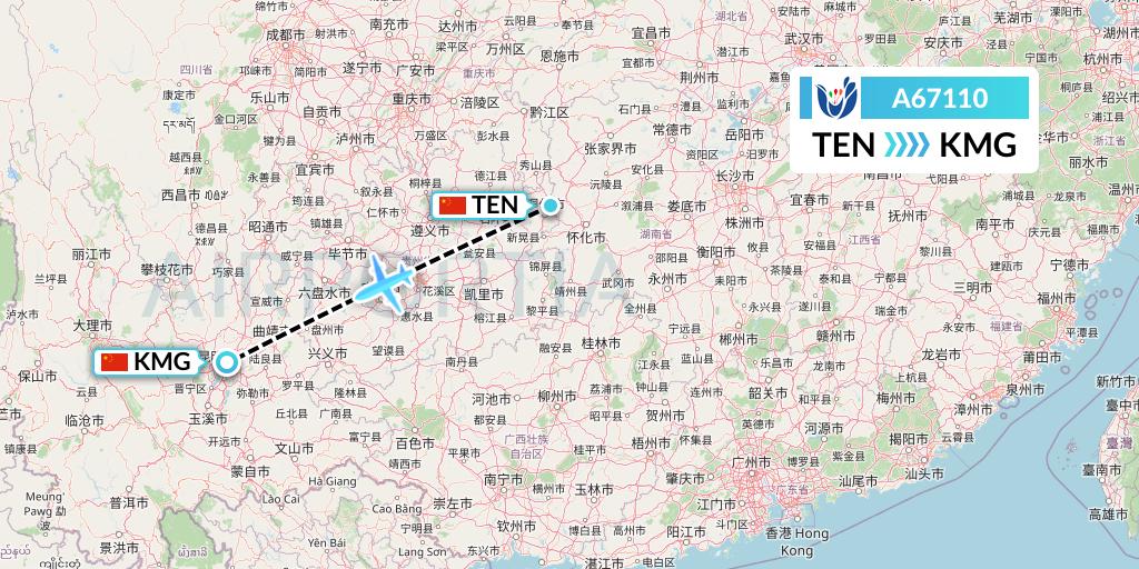 A67110 Hongtu Airlines Flight Map: Tongren to Kunming