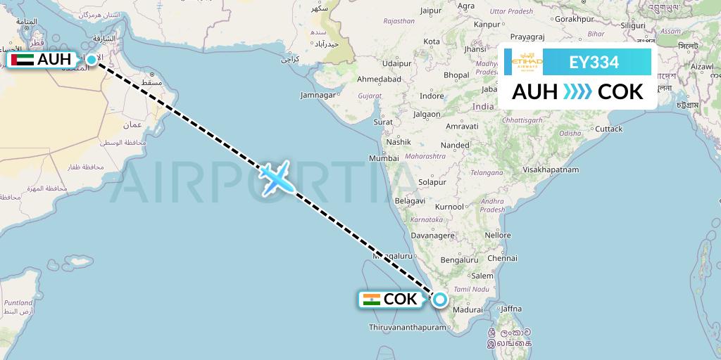 EY334 Etihad Airways Flight Map: Abu Dhabi to Cochin
