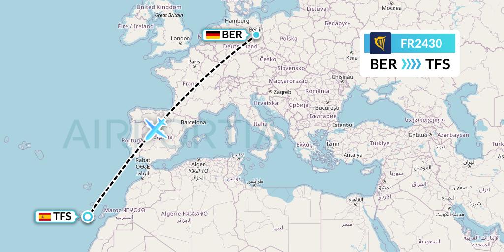 FR2430 Ryanair Flight Map: Berlin to Tenerife