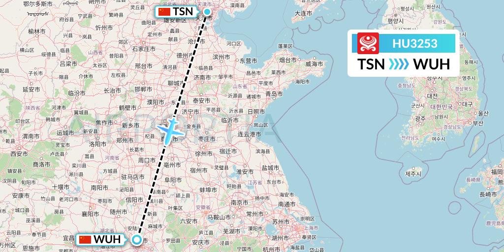 HU3253 Hainan Airlines Flight Map: Tianjin to Wuhan