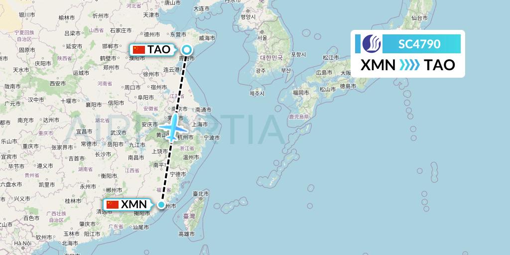 SC4790 Shandong Airlines Flight Map: Xiamen to Qingdao