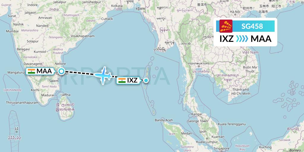 SG458 SpiceJet Flight Map: Port Blair to Chennai